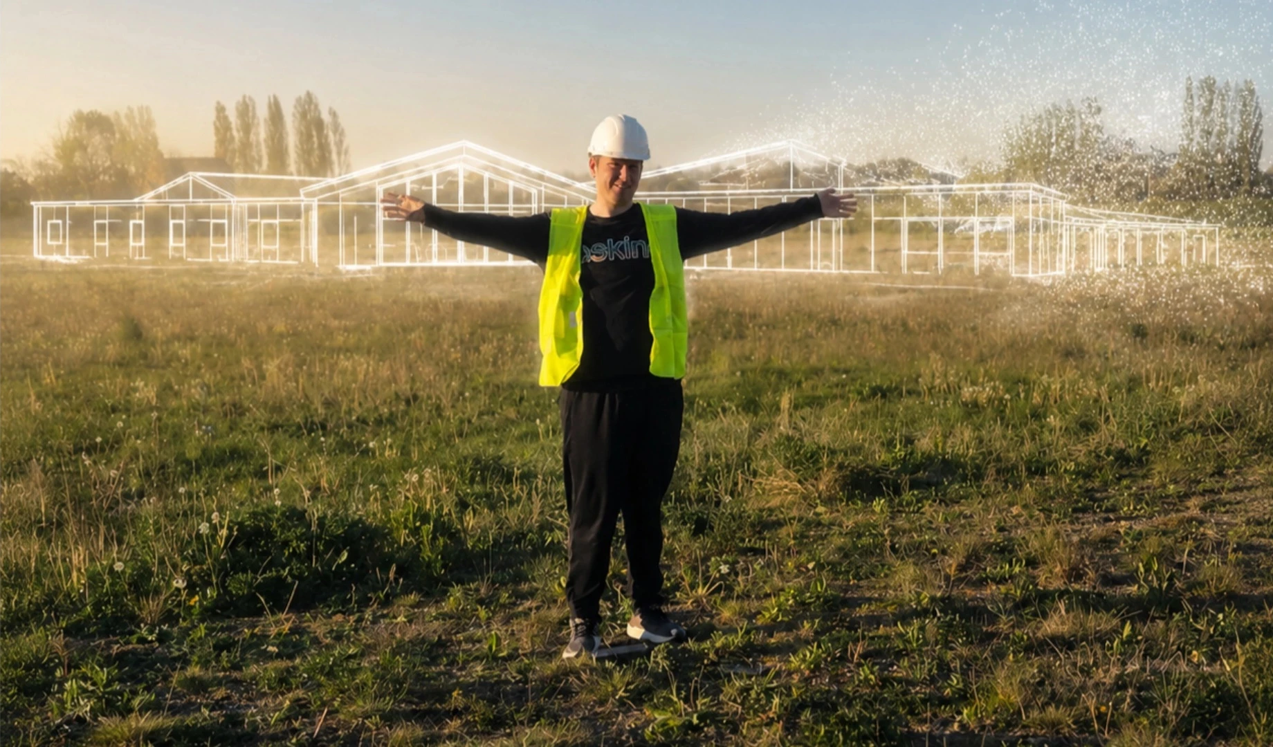 Sebbie standing in the field where the Kindness Village will be built, with the village outlined behind him